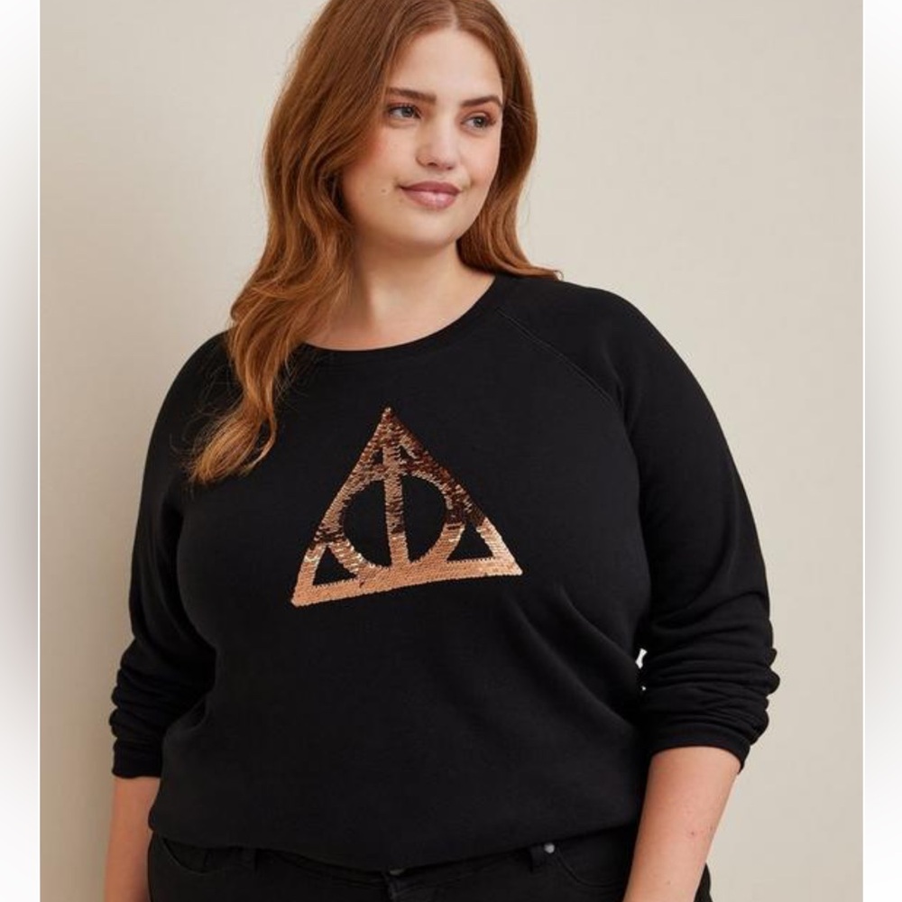 Torrid Harry Potter Deathly Hollows Sequin Graphic Raglan Sweatshirt Black 2X